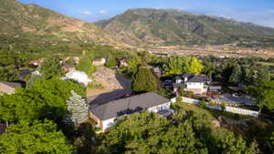 Expansive mountain backdrop framing a residential area with mature trees and a paved street