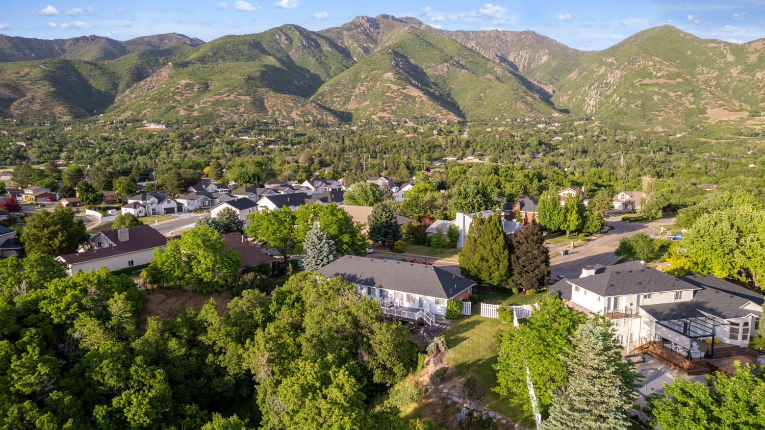Residential neighborhood situated against a backdrop of mountains and surrounded by abundant mature trees