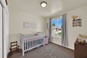 Carpeted room featuring a single window with white trim, a flush-mount ceiling light, and white bi-fold closet doors