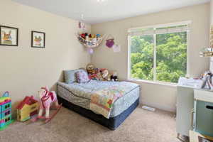 Carpeted room featuring a large window, neutral wall paint, and a built-in ceiling light