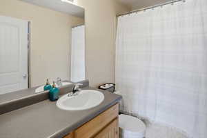 Bathroom vanity with a white oval sink, chrome faucet, and expansive mirror