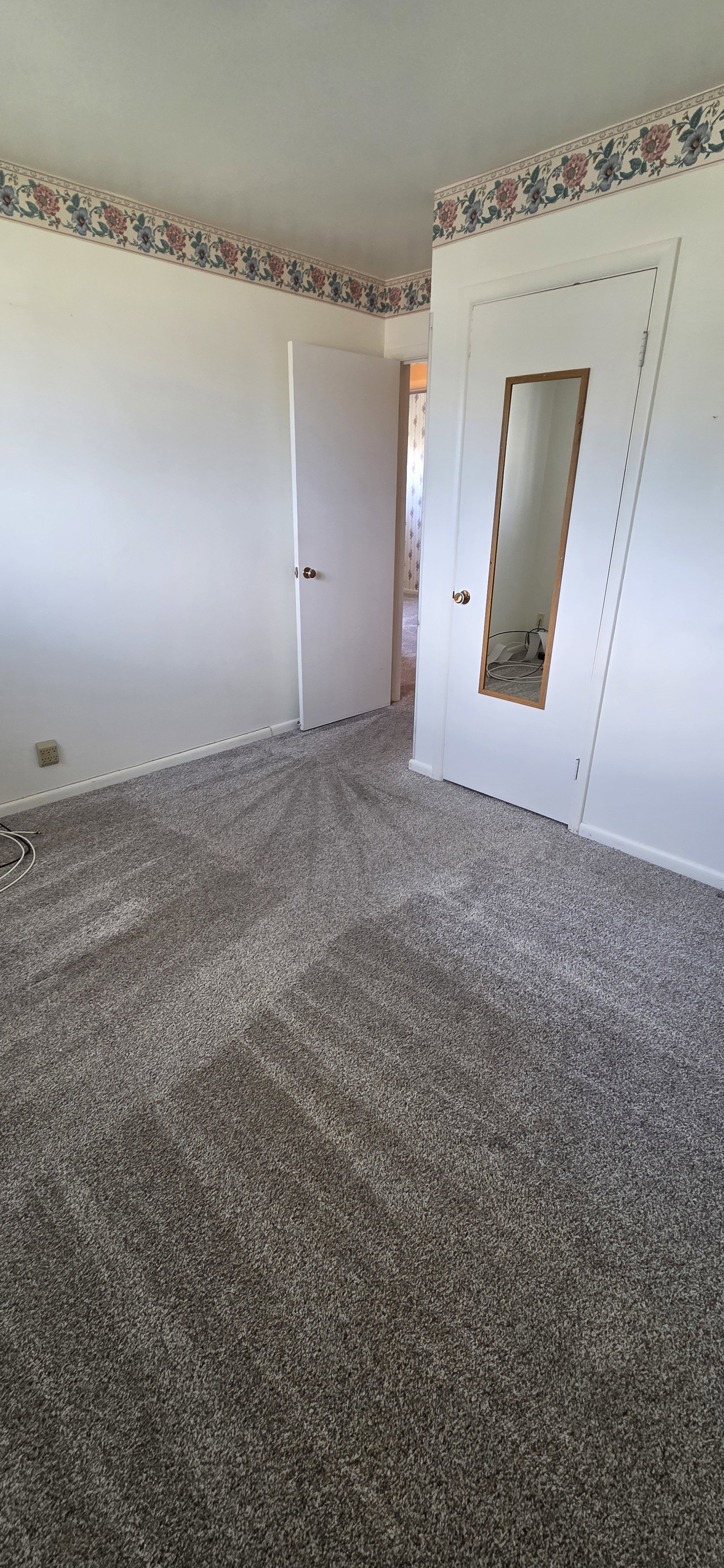 Wall-to-wall carpeting with a light gray hue, white painted walls, and a floral-patterned wallpaper border