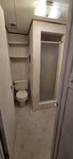 Bathroom featuring a stand-up shower with a frosted glass door, a toilet, and wall-mounted shelving