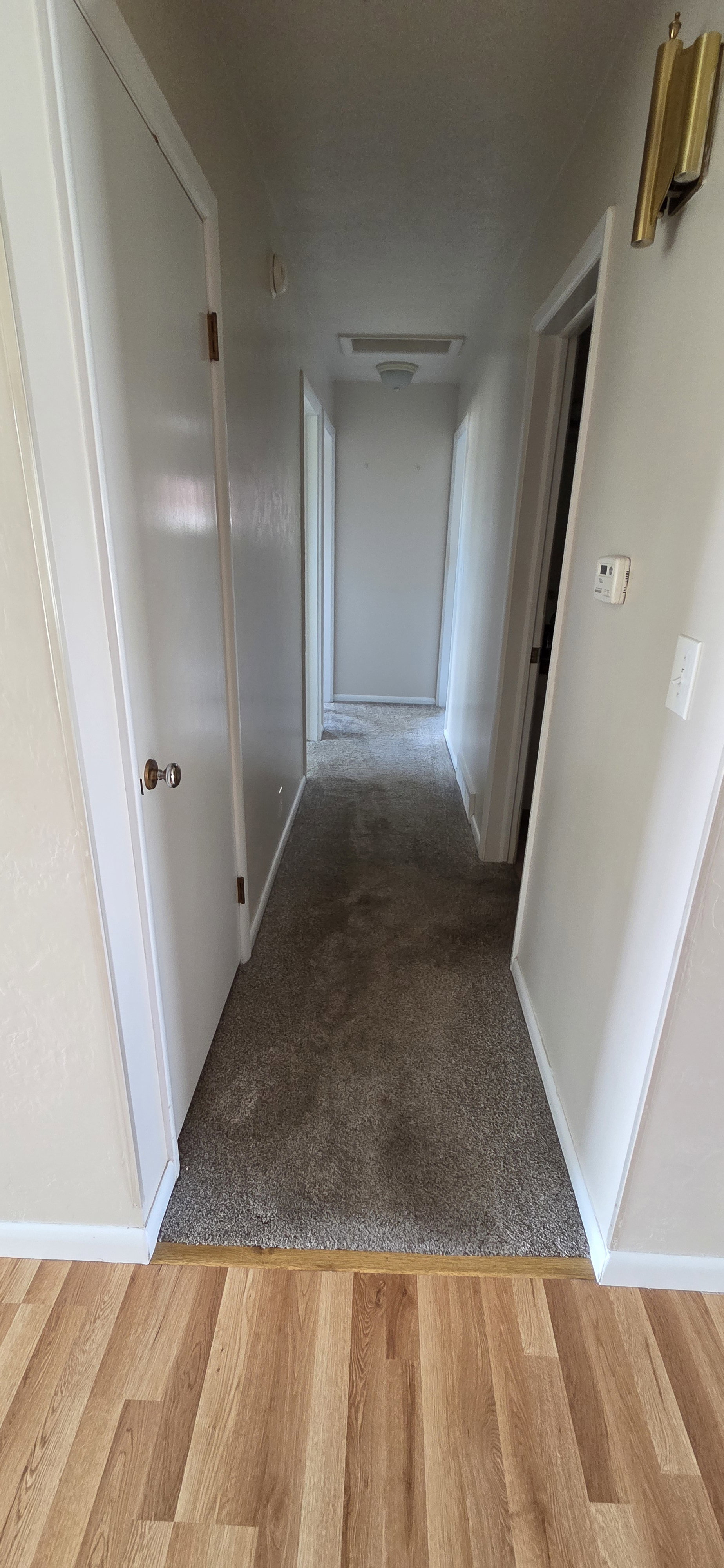 Hallway featuring carpeted flooring and white trim