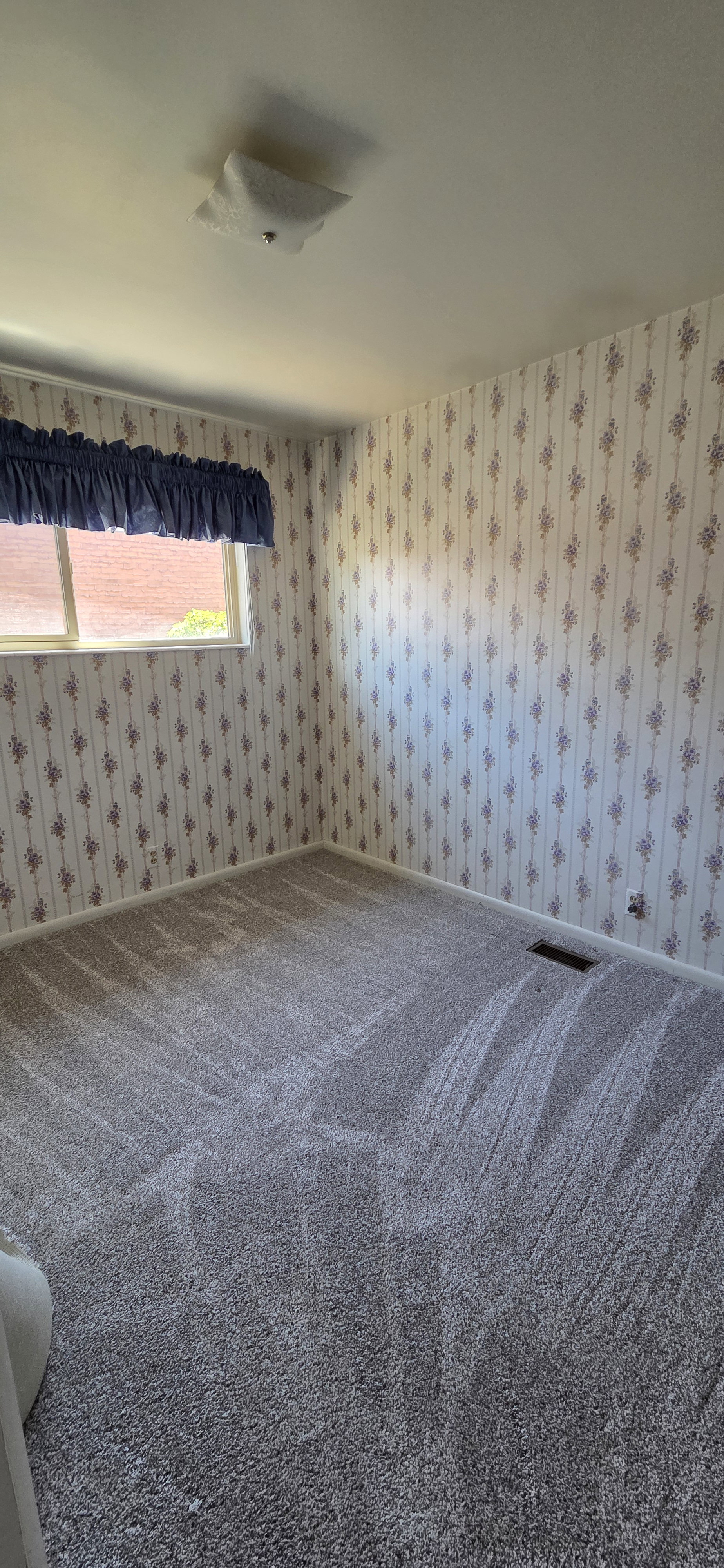Carpeted interior room with patterned wallpaper