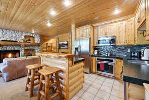Kitchen and living area featuring knotty pine paneling, a stone fireplace, stainless steel appliances, and a wood-finish bar