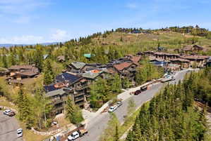 Contemporary multi-story buildings with balconies, surrounded by mature evergreen and deciduous trees