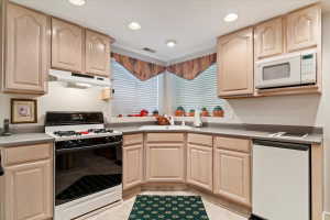 Corner kitchen featuring light wood-finish cabinetry, a gas range with an overhead vent, and a built-in microwave