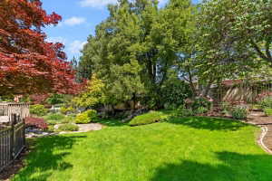 Spacious backyard featuring a manicured lawn, established trees, and diverse landscaping