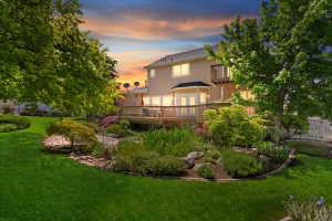 Expansive backyard featuring a manicured lawn, established landscaping, and mature trees