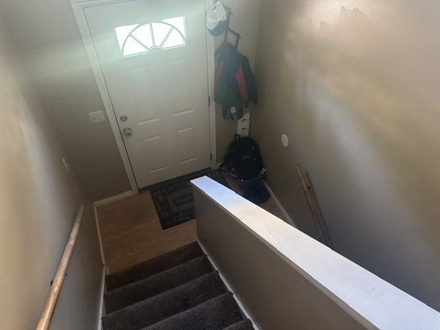 Entryway featuring a white paneled door with an arched glass insert, wood-finish flooring, and a carpeted staircase with a wood handrail