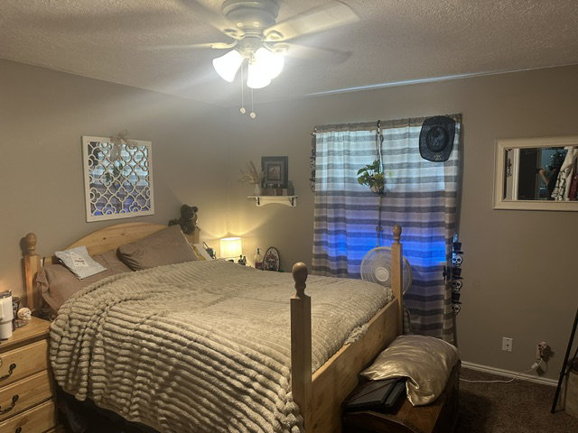 Carpeted bedroom featuring a wooden bed frame, textured walls, and a ceiling fan with integrated lighting