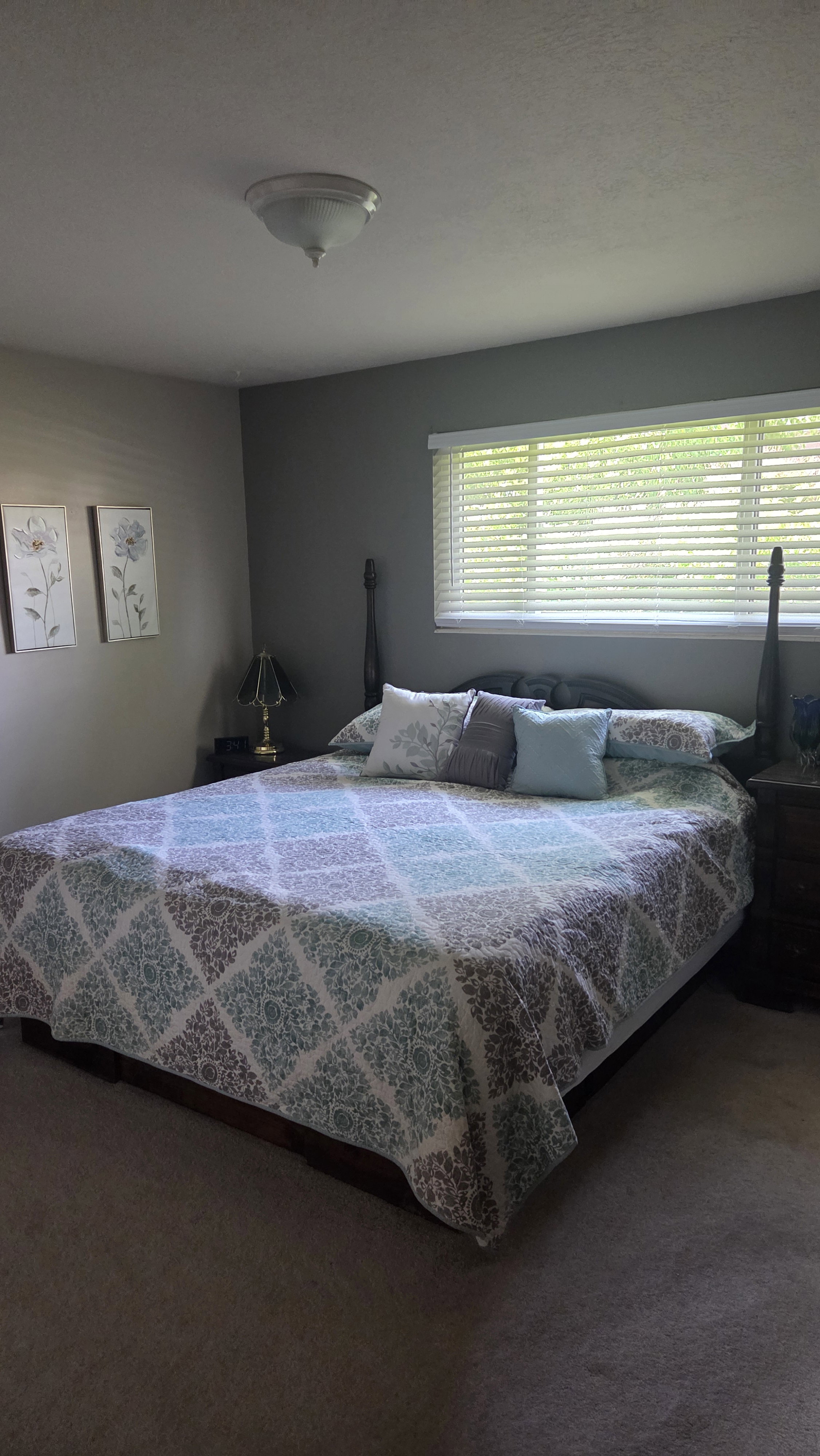 Carpeted bedroom featuring a large window with horizontal blinds, neutral wall paint, and a flush-mount ceiling light fixture