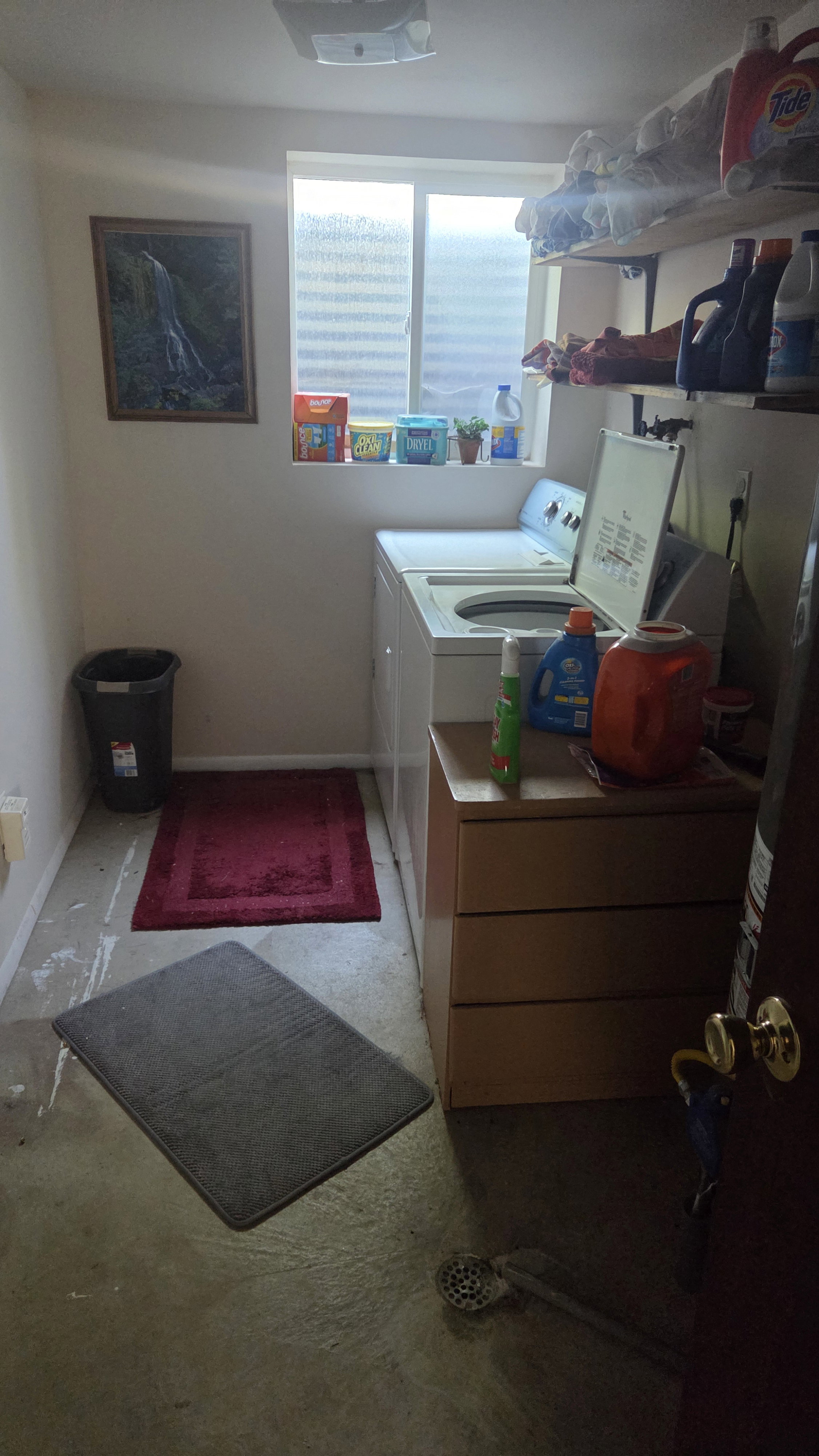 Dedicated laundry area with a frosted window, providing natural light