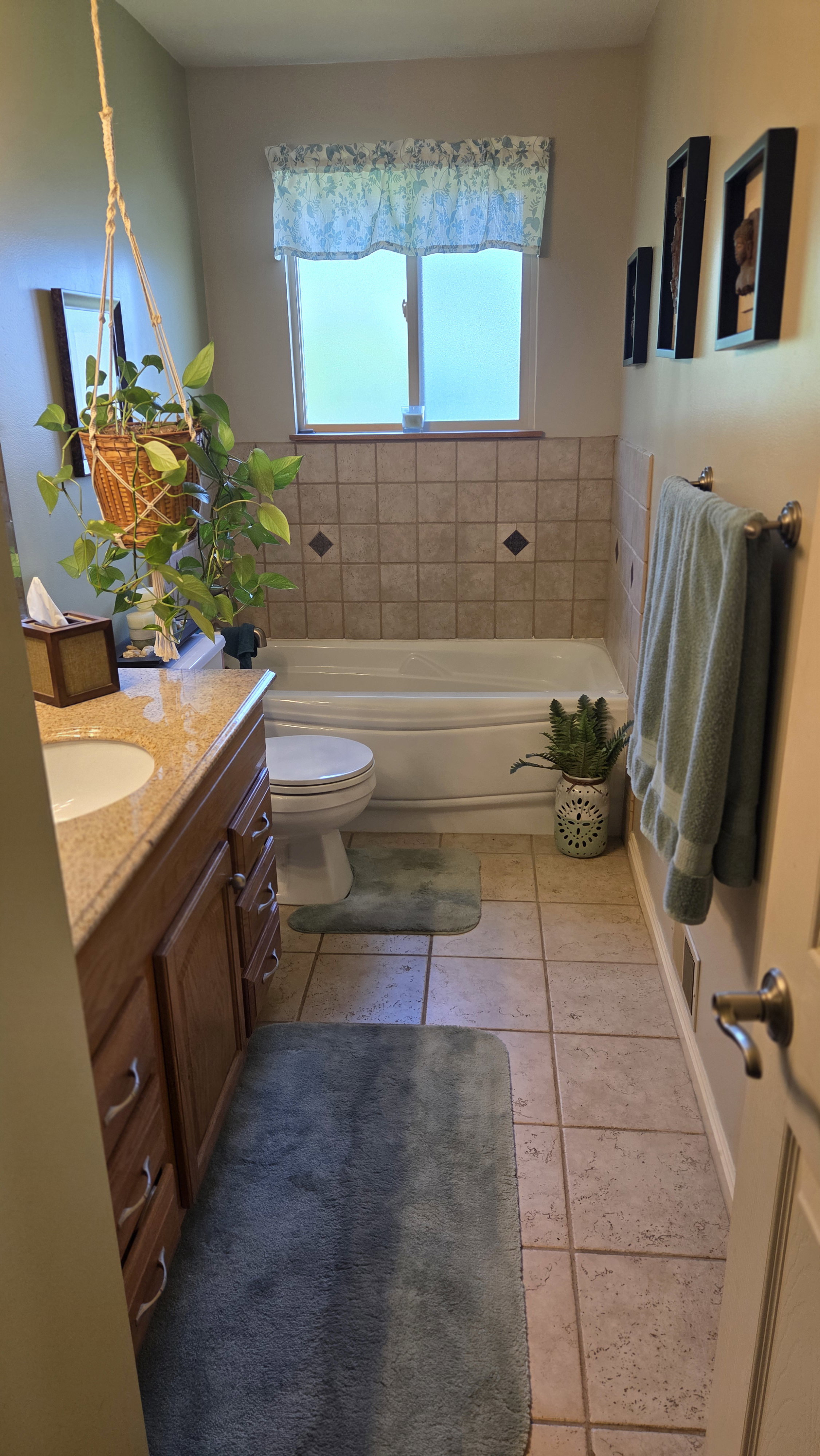 Full bathroom featuring a single vanity with wood-finish cabinetry and a light-colored countertop