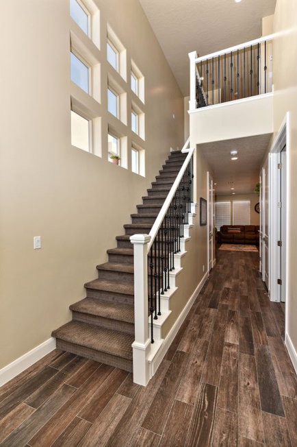 Two-story entryway featuring wood-finish flooring, a carpeted staircase with white newel posts, and wrought iron balusters