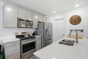 Modern kitchen featuring light gray cabinetry, stainless steel appliances, white countertops, and a dual-basin undermount sink with a pull-down faucet