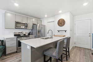 Modern kitchen featuring light gray cabinetry, stainless steel appliances, white countertops, and wood-finish flooring