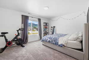 Carpeted bedroom with a large window featuring mountain and neighborhood views