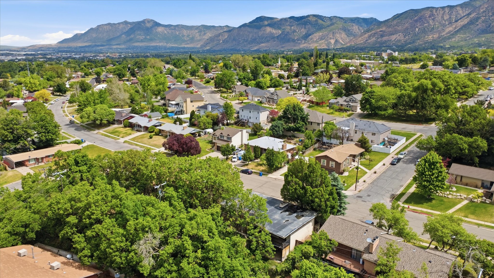 Expansive neighborhood setting featuring mature trees and mountain scenery