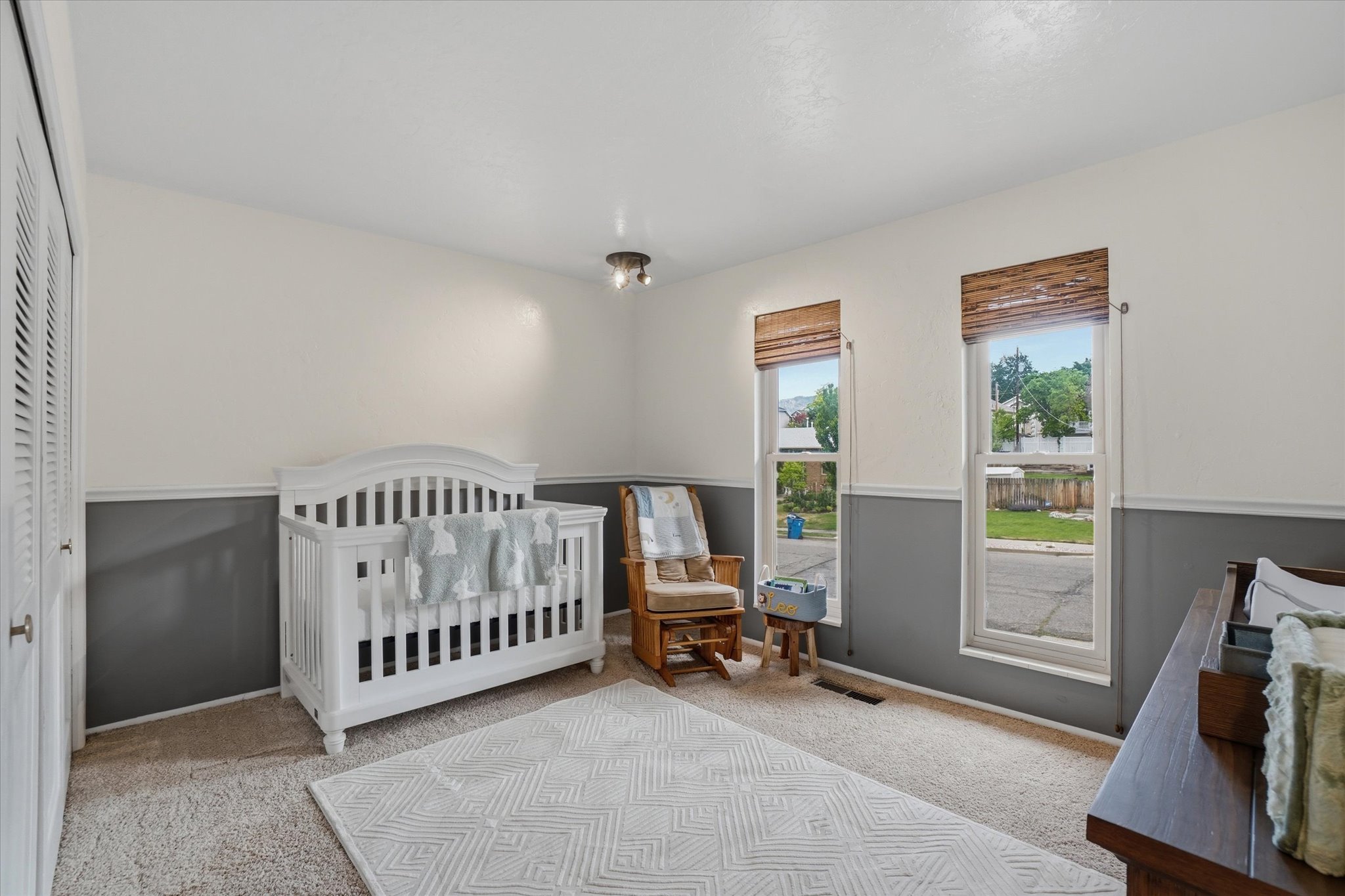 Room featuring dual windows with woven blinds, two-tone wall treatment, and textured carpeting