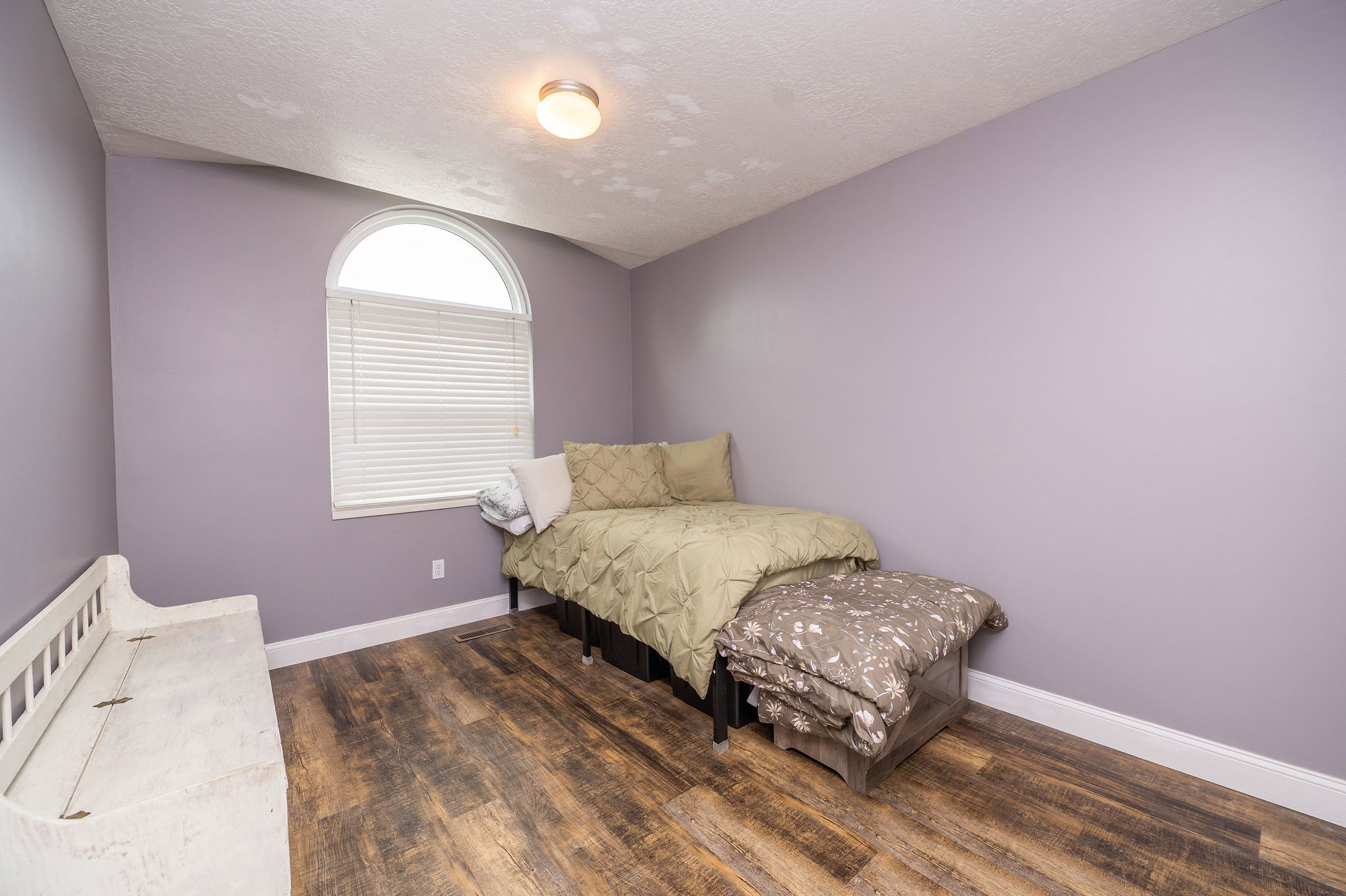 Arched window with blinds, wood-finish flooring, purple wall paint, white baseboards, and a ceiling-mounted light fixture