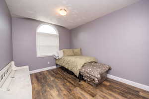 Arched window with blinds, wood-finish flooring, purple wall paint, white baseboards, and a ceiling-mounted light fixture