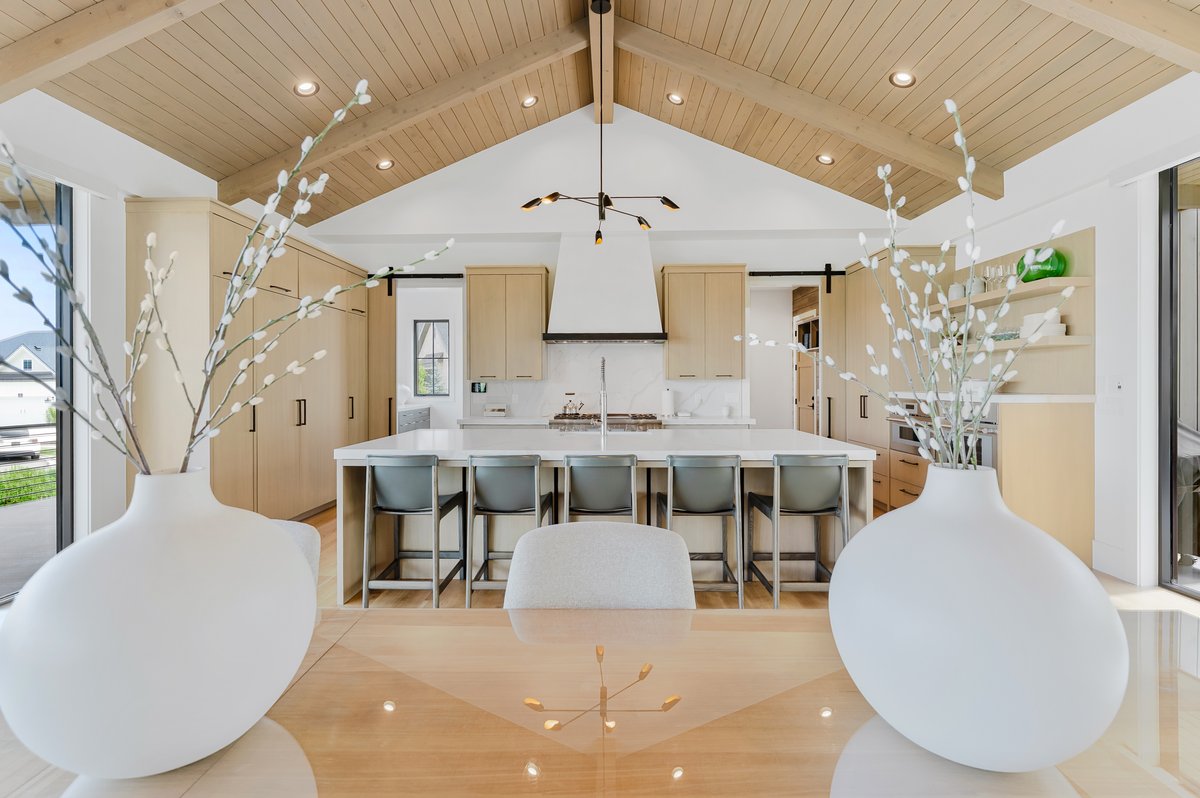 Vaulted ceiling with exposed wood beams