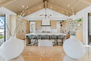 Vaulted ceiling with exposed wood beams
