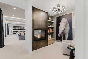 Contemporary fireplace with a dark metal surround, integrated shelving, an overhead light fixture, and plush carpeting