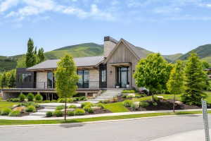 Modern architecture featuring a blend of stone, wood-finish siding, and dark paneling