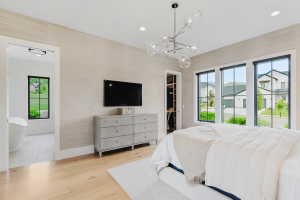 Wood-finish flooring complementing a textured accent wall