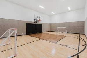 Indoor sport court featuring light wood-finish flooring with court markings, a basketball hoop, and padded wall sections
