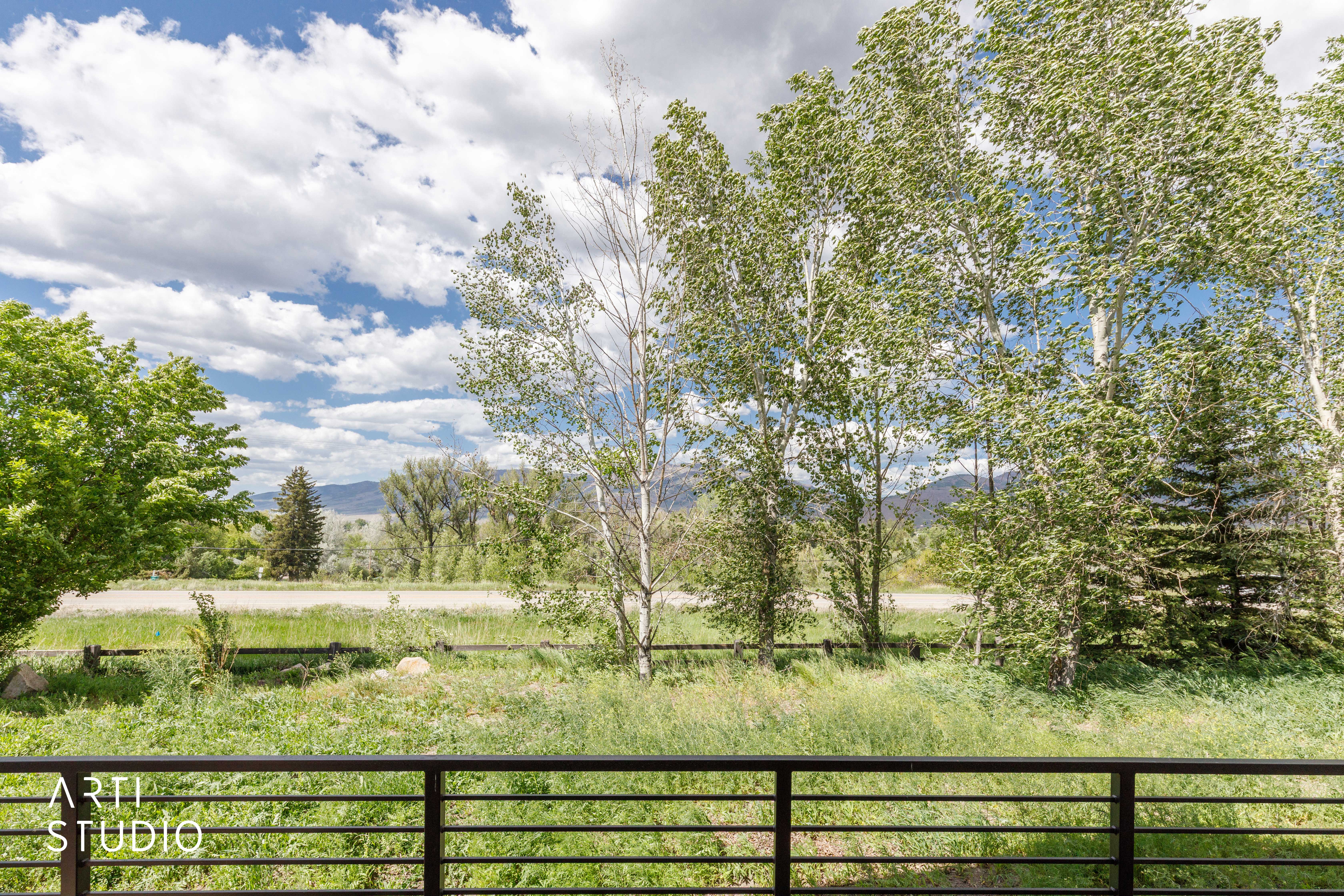 Expansive outdoor scenery featuring mature trees, a grassy field, and distant mountains under a blue sky with white clouds