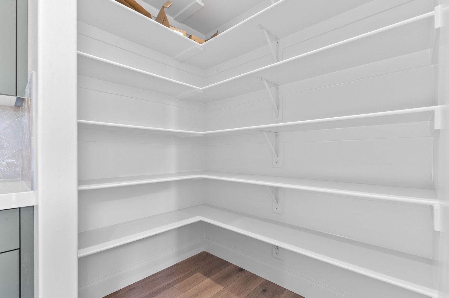 Walk-in pantry featuring extensive white shelving