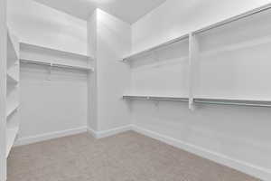 Walk-in closet featuring light-colored carpeting, white baseboards, extensive built-in shelving, and multiple clothing rods