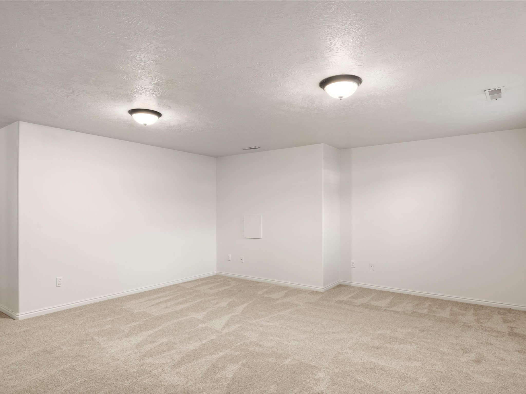 Spacious room featuring neutral carpeting, white wall paint, and two flush-mount ceiling lights