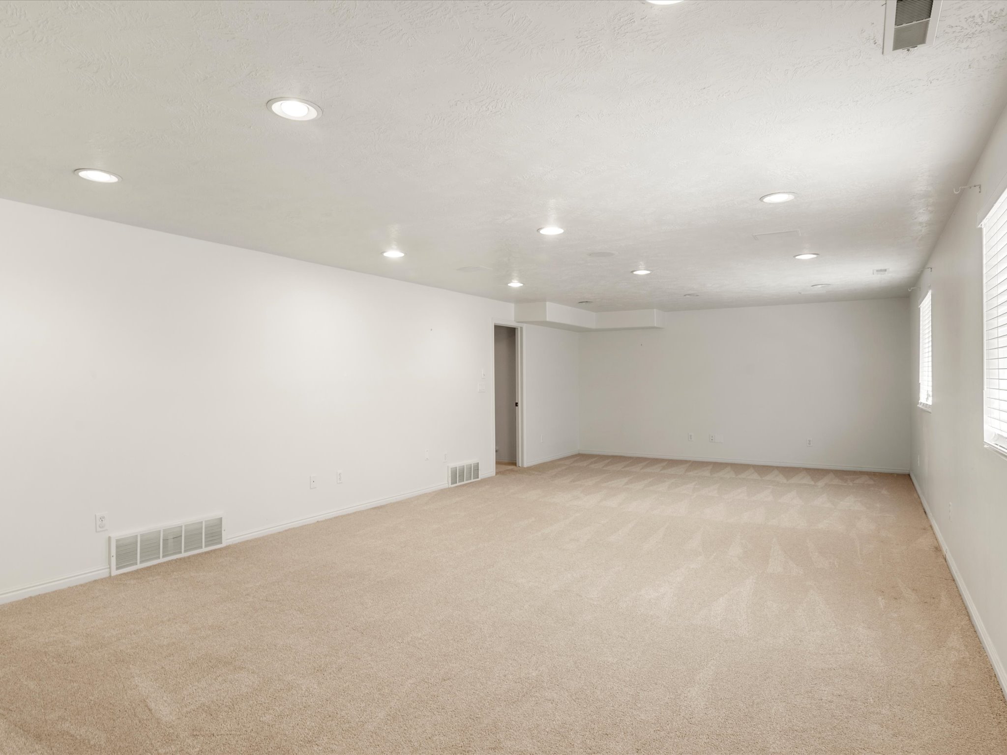 Expansive carpeted room featuring recessed lighting, multiple windows with horizontal blinds, and a neutral color palette