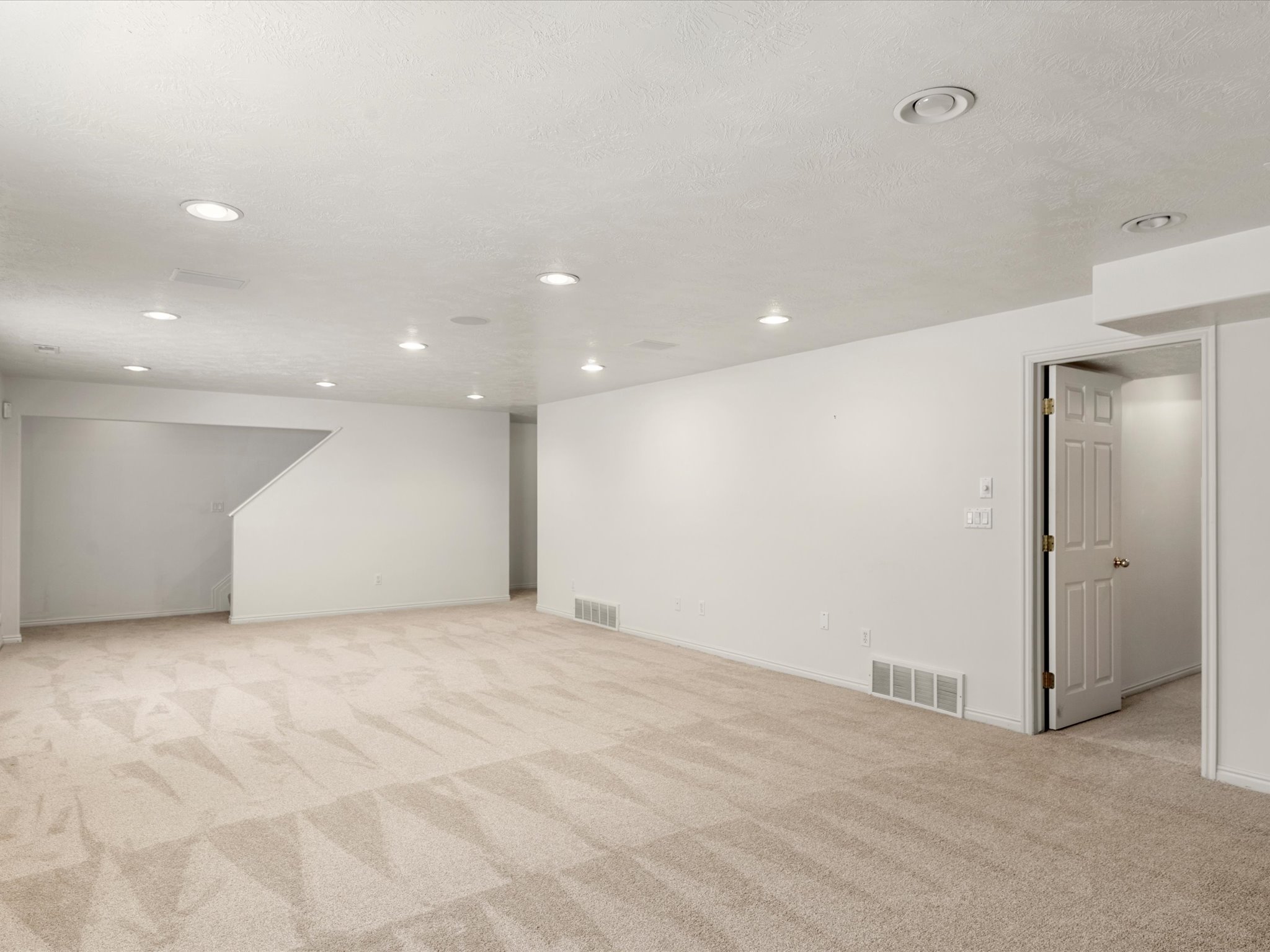 Spacious room featuring neutral carpeting, recessed lighting, white painted walls, and a white paneled door