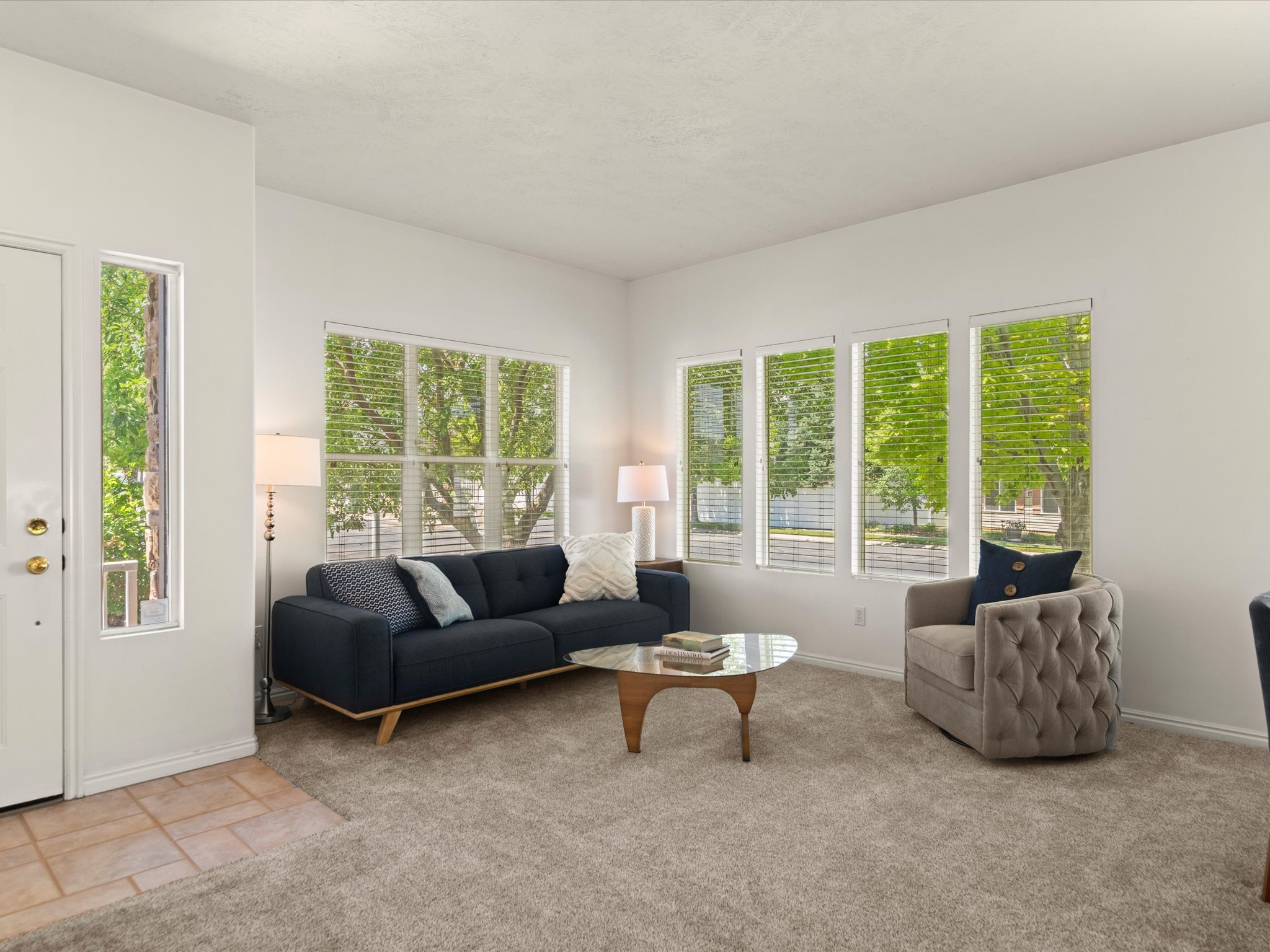 Living area featuring multiple windows with blinds, light-toned carpeting, and white painted walls