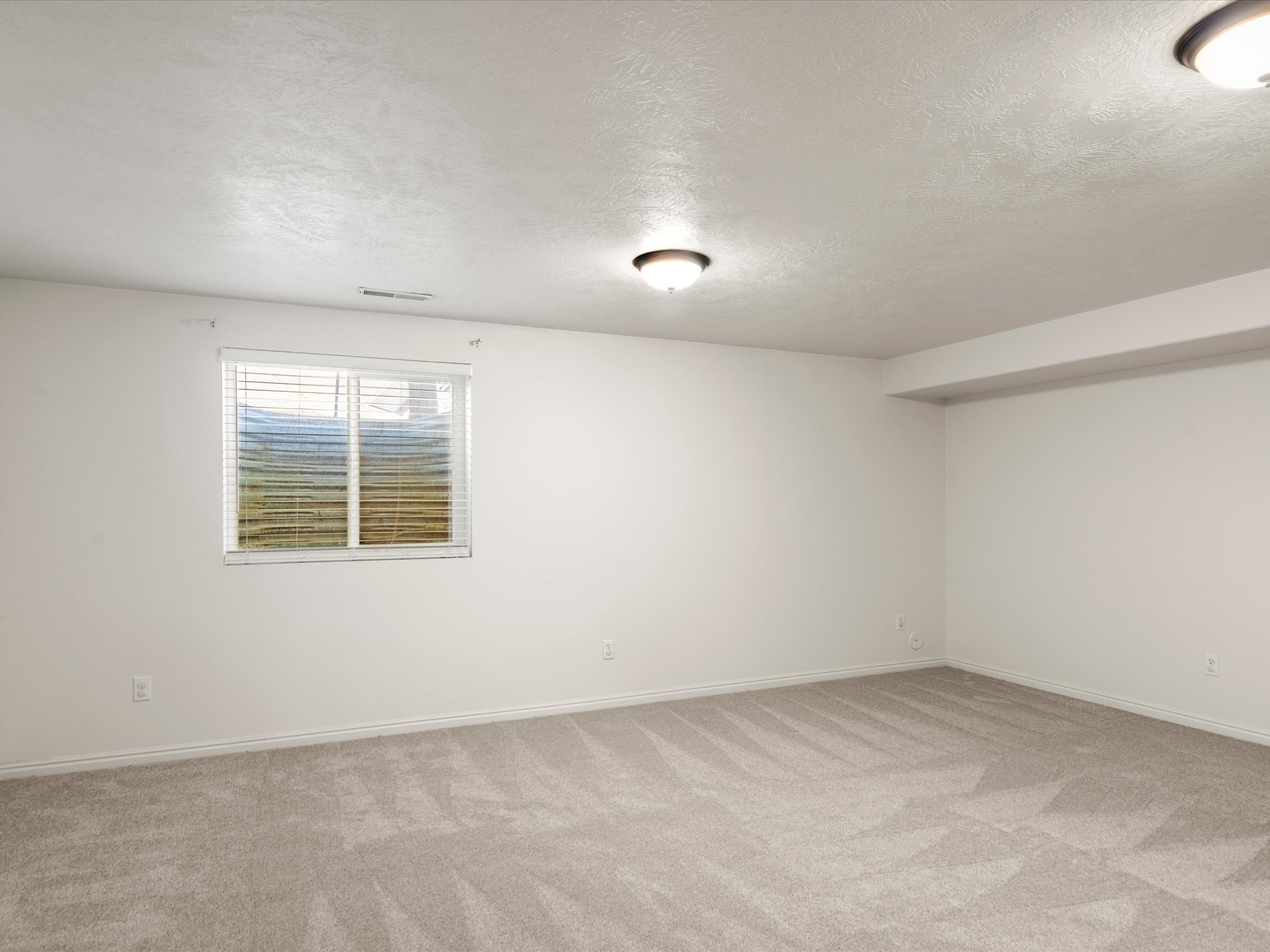 Spacious room featuring neutral carpeting, white walls, and a window with horizontal blinds