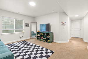 Carpeted interior space featuring a double-pane window with horizontal blinds, recessed lighting, and a white paneled door
