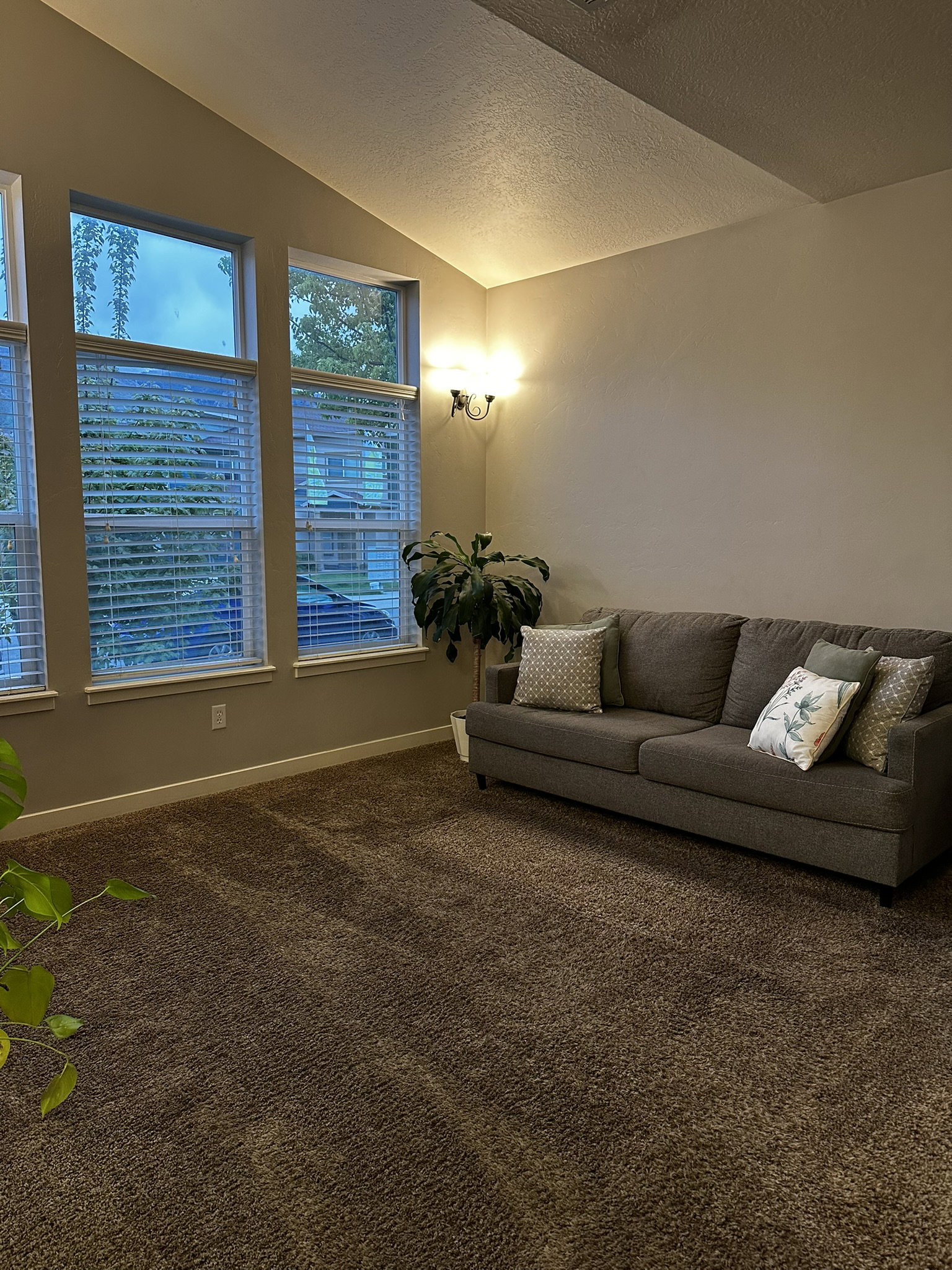 Vaulted ceilings accent a living space featuring multiple windows with blinds, a wall-mounted sconce light fixture, and textured carpet flooring