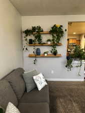 Light gray wall with three integrated wooden floating shelves