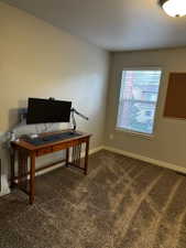 Neutral wall color with a built-in window and brown carpet flooring