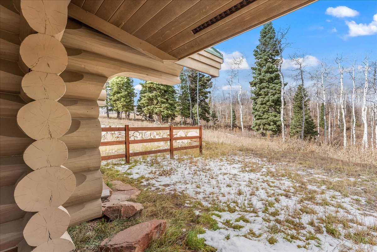 Log construction featuring visible timber ends and a wood-finish soffit