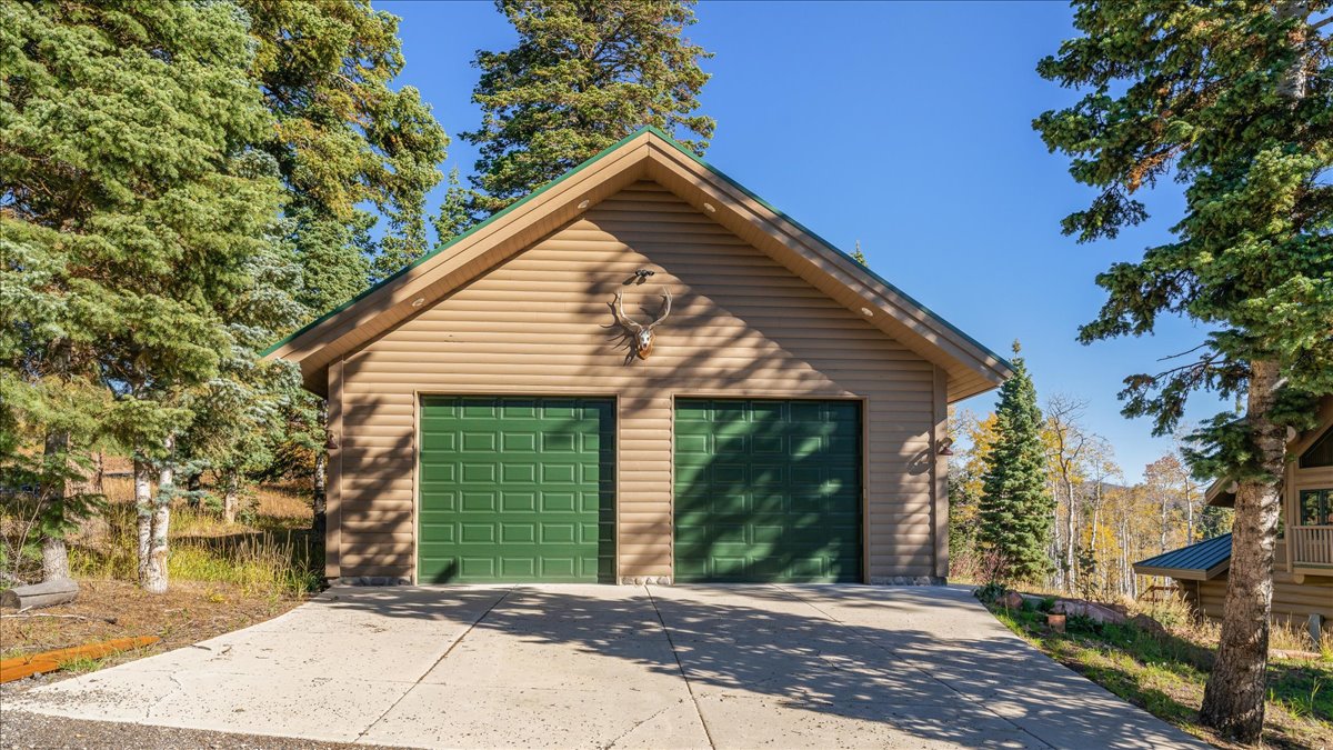 Two-car garage with green paneled doors and tan siding, set among mature evergreen trees