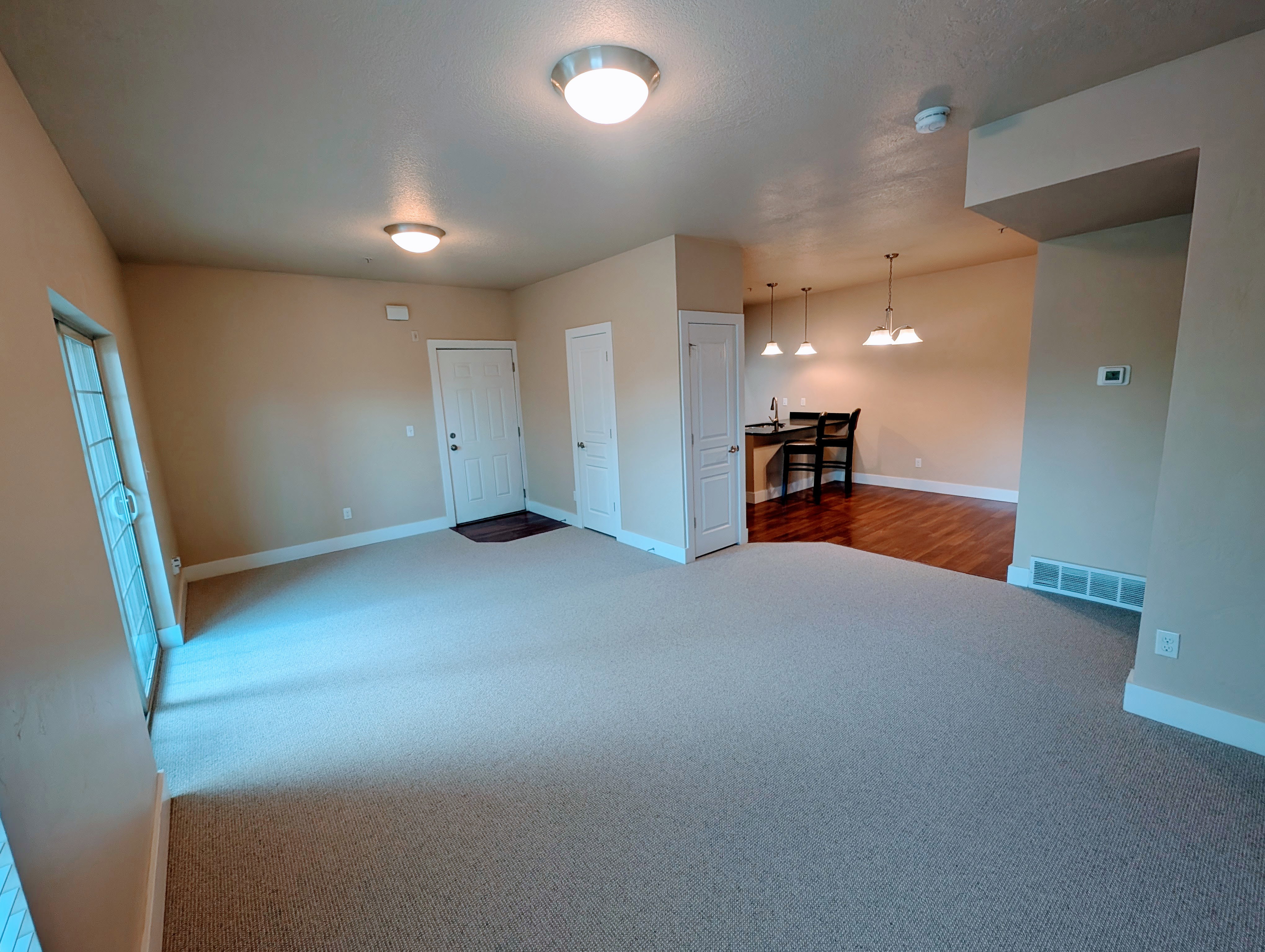 Open-concept living space featuring neutral carpet flooring and light beige wall paint