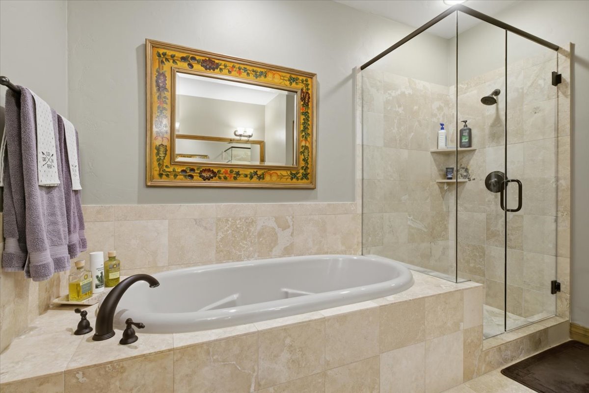 Master bathroom featuring a bronze-finish faucet, a glass-enclosed shower with tile surround, and a decorative mirror