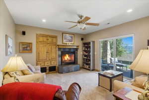 Basement living room featuring a fireplace